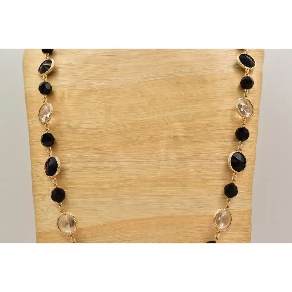 Vintage Open Bezel Crystal Necklace Beaded Black Clear Glass Heavy Chunky BinBJ